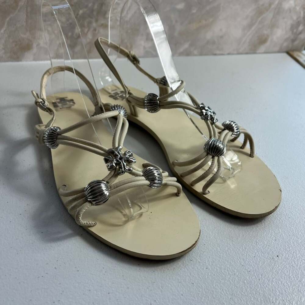 Tory Burch Sandals Women's 8.5 M Capri Multi Strap Ivory Leather Silver Charms